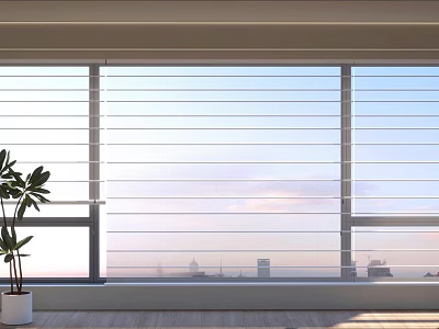 Window Blinds In Bright Interior With Green Plant And City View Through Natural Light 3d model