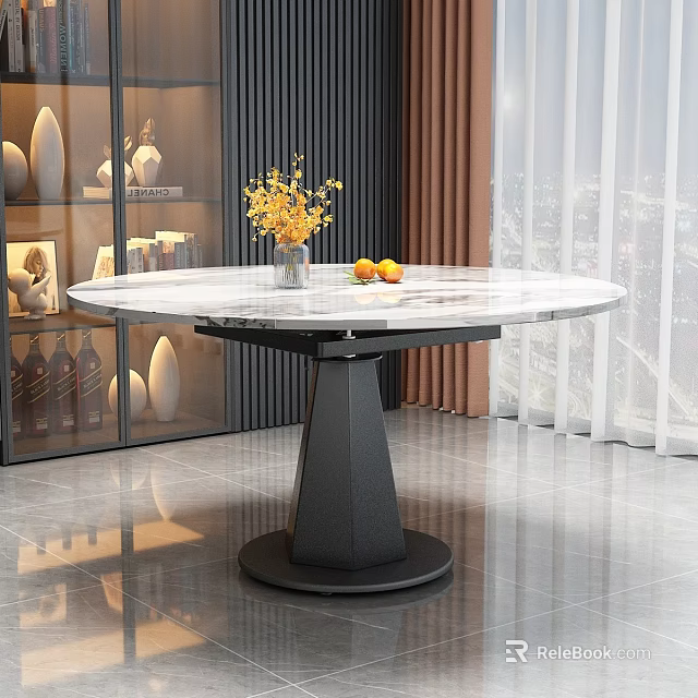 Round Marble Top Dining Table With Black Base Yellow Flowers And Oranges 3d model