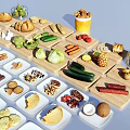 Assorted Fresh Foods With Fruits Vegetables Breads Nuts Drinks On White Plates And Wooden Boards