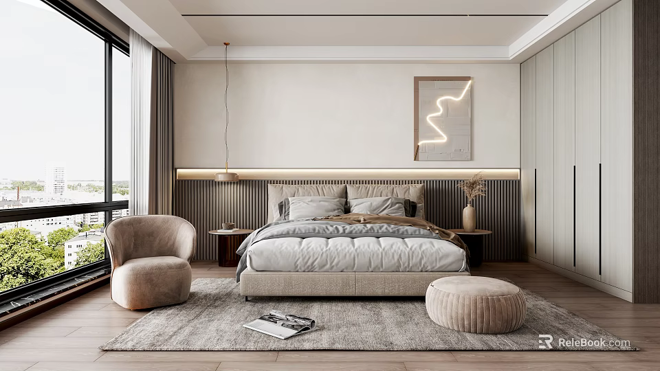 Modern Bedroom Interior Design With King Bed Nightstand Area Rug And Wall Art 3d model 