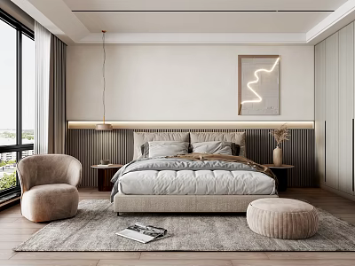 Modern Bedroom Interior Design With King Bed Nightstand Area Rug And Wall Art 3d model