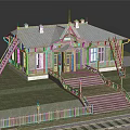 European style Wooden Architecture with White Roof Spire Decorations Wooden Stairs Fence and Railway Track
