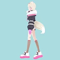 Anime Style Character With Cat Ears Wearing Black Pink Jacket And White Shorts On Light Blue Background