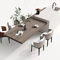 Modern Wooden Dining Table And Chairs Set With Plant Magazines And Plates