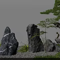 Zen Courtyard Garden with Gray Stones Green Plants Pine Tree Gravel and Golden Bird Ornament