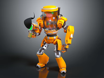 Yellow Robot with Transparent Helmet Holding Black Tool and Colorful Interior 3d model