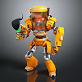 Yellow Robot with Transparent Helmet Holding Black Tool and Colorful Interior