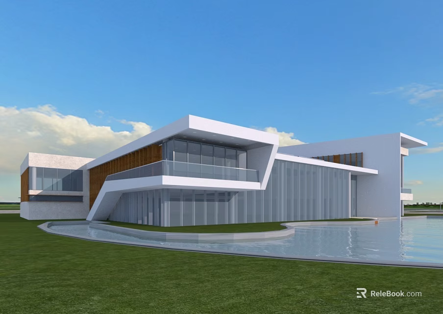 Modern Contemporary House With Large Glass Walls White Exterior Lawn And Water Pool 3d model 