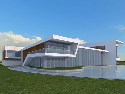 Modern Contemporary House With Large Glass Walls White Exterior Lawn And Water Pool 3d model
