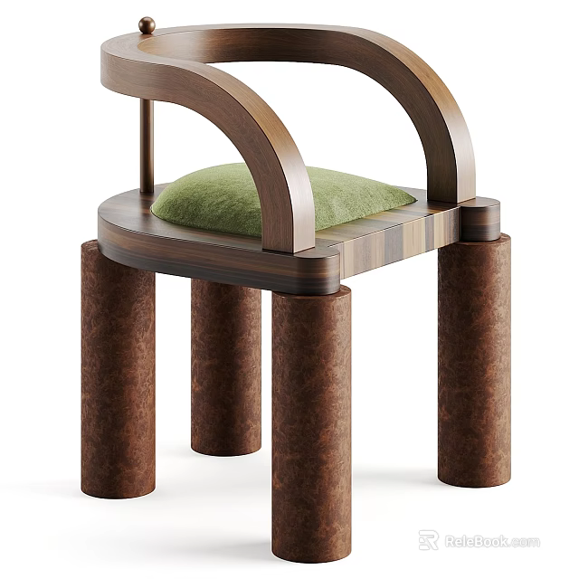 Modern Wooden Dining Chair With Curved Backrest Green Cushion And Cylindrical Legs 3d model 