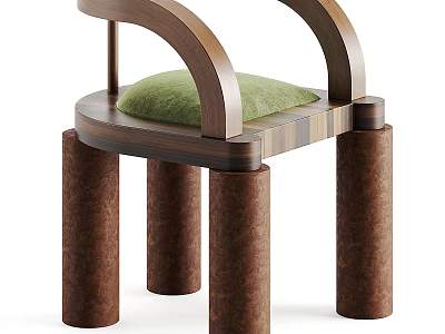 Modern Wooden Dining Chair With Curved Backrest Green Cushion And Cylindrical Legs 3d model