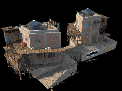 Shabby Brick Buildings With Water Tanks Hanging Clothes And GAMBO Sign On Wooden Platforms 3d model