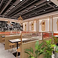 Modern Shopping Mall Restaurant With Orange Counter Wooden Elements Tables Chairs And Green Plants
