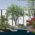 Tranquil Courtyard Garden With Pond Small Bridge Lush Plants And Colorful Flowers
