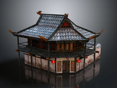 Traditional Chinese Architecture with Tiled Roof Overhanging Eaves Red Lanterns Wooden Structure and Stone Walls 3d model