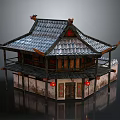 Traditional Chinese Architecture with Tiled Roof Overhanging Eaves Red Lanterns Wooden Structure and Stone Walls
