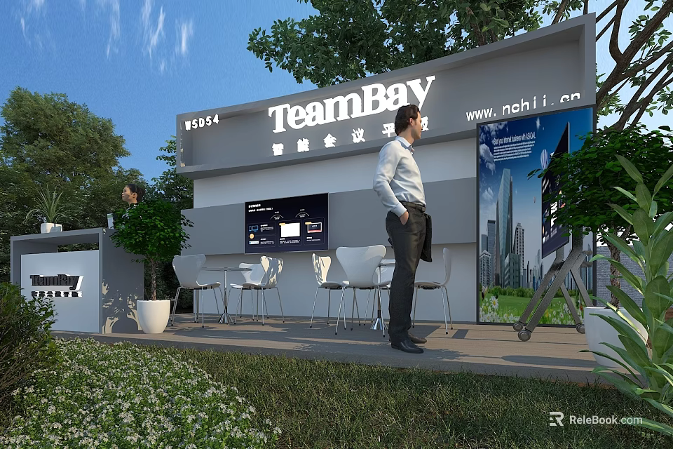 Garden Landscape with TeamBay Booth 2024 Green Plants White Chairs Tables and Blue Sky 3d model 