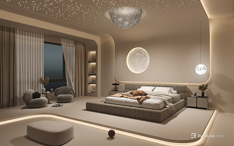 Modern Bedroom Interior With Starry Ceiling Circular Moon Decoration Large Bed And Soft Lighting 3d model
