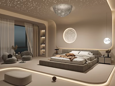 Modern Bedroom Interior With Starry Ceiling Circular Moon Decoration Large Bed And Soft Lighting 3d model