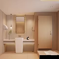 Modern Warm Light Bathroom Interior Design With Sleek Vanity Mirror And Separated Toilet Space