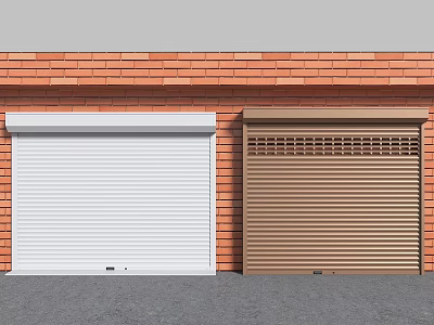 White and Brown Roll Up Doors Installed on Red Brick Wall with Gray Ground 3d model