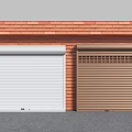 White and Brown Roll Up Doors Installed on Red Brick Wall with Gray Ground