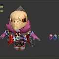 Cartoon Style Game Character with Skull Head Purple Pink Cape and Various Facial Expressions Displayed