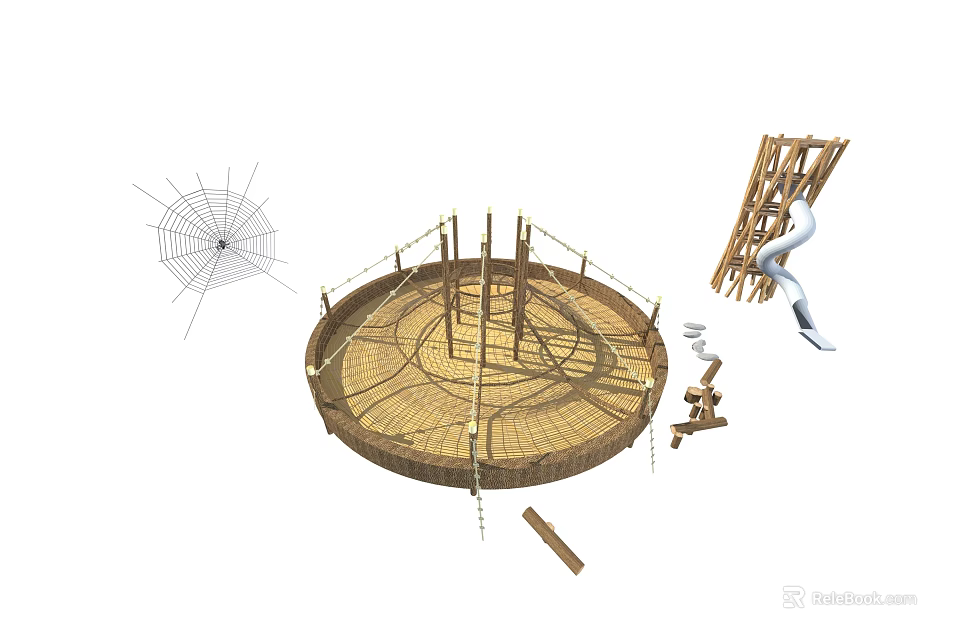 Kids Play Area With Circular Woven Structure Climbing Ropes Spider Web And Slide 3d model 