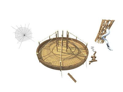 Kids Play Area With Circular Woven Structure Climbing Ropes Spider Web And Slide 3d model