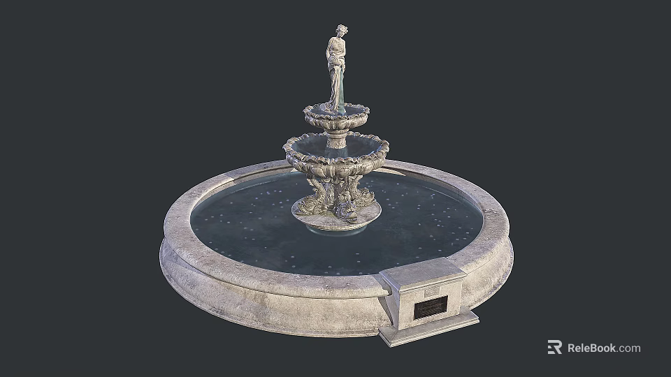 Ornate Garden Fountain With Tiered Stone Structure Statue And Circular Base 3d model 
