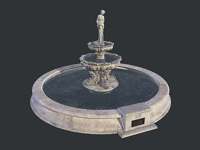 Ornate Garden Fountain With Tiered Stone Structure Statue And Circular Base 3d model