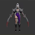 Detailed Game Movie Character with Silver Armor Purple Tight Pants and Red Bladed Weapons