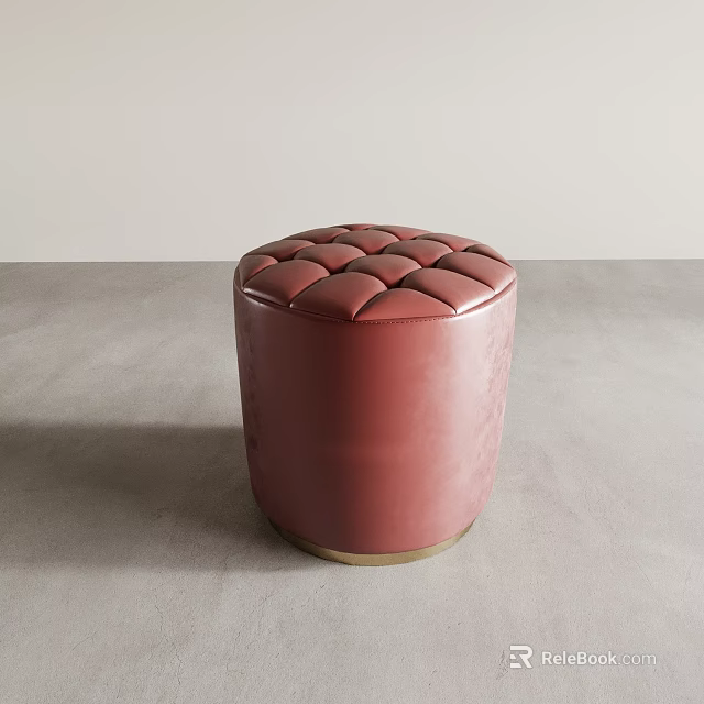 Elegant Round Tufted Upholstered Burgundy Leather Stool With Gold Base 3d model