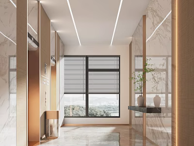 Modern Elevator Lobby Interior Design With Marble Walls Linear Lights And Windows 3d model