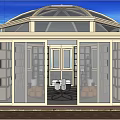 Bright Sunroom With Glass Roof White Frame Wooden Table Chairs And Lush Garden Plants