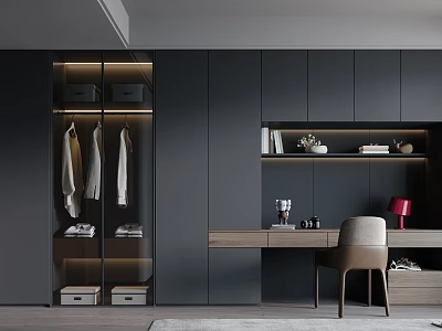 Modern Dark Colored Wardrobe With Glass Doors Hanging Clothes And Storage Drawers 3d model
