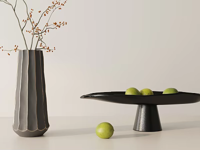 Elegant Modern Decorative Ornament Set with Gray Vase Branches Black Tray and Green Fruits 3d model