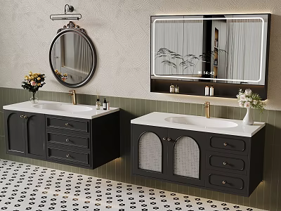 Modern Bathroom Interior With Black Vanities White Countertops Mirrors And Patterned Tiles 3d model
