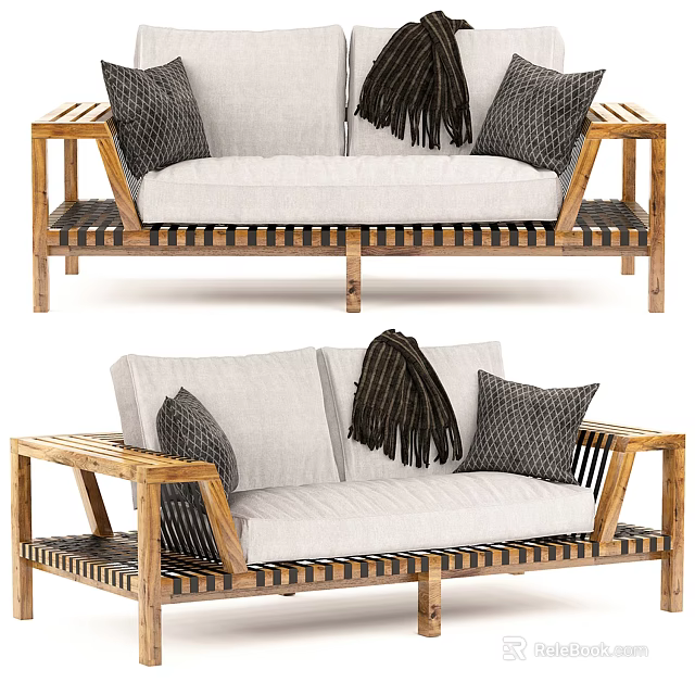Outdoor Sofa With Wooden Frame White Cushions And Black Woven Pillows 3d model 