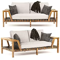 Outdoor Sofa With Wooden Frame White Cushions And Black Woven Pillows