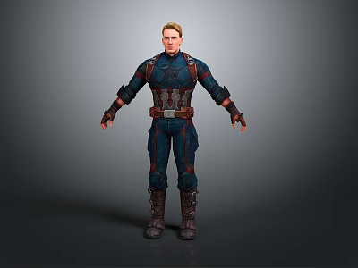 Man in blue superhero uniform with red details silver accents standing on gray background 3d model