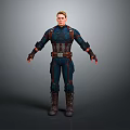 Man in blue superhero uniform with red details silver accents standing on gray background