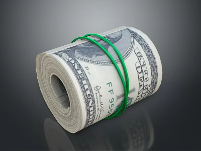 Rolled US Dollar Bills Secured With Green Rubber Bands On Dark Background 3d model