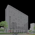 Modern Office Building With Glass Curtain Wall And Green Trees Under Blue Sky