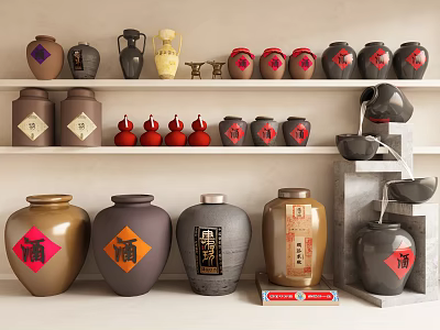 Traditional Wine Cellar Displaying Various Colored Wine Jars On Shelves With Decorative Elements 3d model