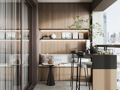Modern Home Balcony Interior With Wooden Cabinets Bench Bar Stools Green Plants And City View 3d model