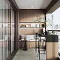 Modern Home Balcony Interior With Wooden Cabinets Bench Bar Stools Green Plants And City View