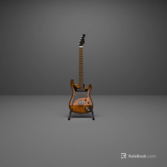 Vintage Electric Guitar With Brown Wooden Body On A Stand Against Gray Background 3d model 