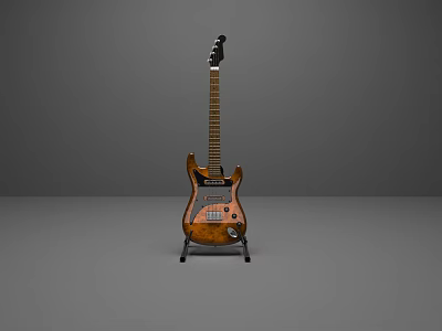 Vintage Electric Guitar With Brown Wooden Body On A Stand Against Gray Background 3d model