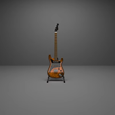 Vintage Electric Guitar With Brown Wooden Body On A Stand Against Gray Background 3d model